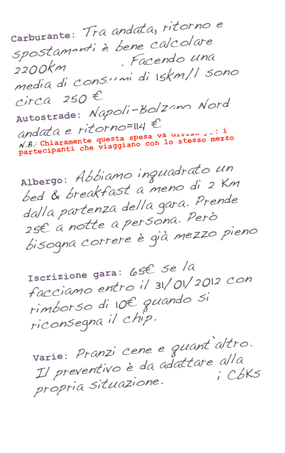 Carburante: Tra andata, ritorno e spostamenti è bene calcolare 2200km Verifica. Facendo una media di consumi di 15km/l sono circa  250 € Verifica
Autostrade: Napoli-Bolzano Nord andata e ritorno=114 € Verifica
N.B.: Chiaramente questa spesa va divisa per i partecipanti che viaggiano con lo stesso mezzo

Albergo: Abbiamo inquadrato un bed & breakfast a meno di 2 Km dalla partenza della gara. Prende 25€ a notte a persona. Però bisogna correre è già mezzo pieno

Iscrizione gara: 65€ se la facciamo entro il 31/01/2012 con rimborso di 10€ quando si riconsegna il chip.

Varie: Pranzi cene e quant’altro.
Il preventivo è da adattare alla propria situazione.         i CbKs